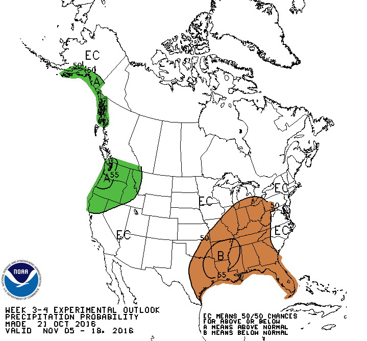 3-4 week precipitation outlook showing above average precipitation forecast for CA. image: noaa, today