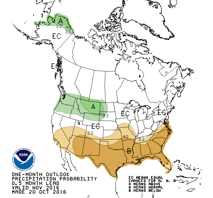 NOAA’s October outlook is forecasting above average precipitation in southern Alaska, Kansas, Missouri, Nebraska, Ohio, Oklahoma. Below average precipitation if forecast in the Pacific Northwest, Alabama, Tennessee, Mississippi, Georgia.