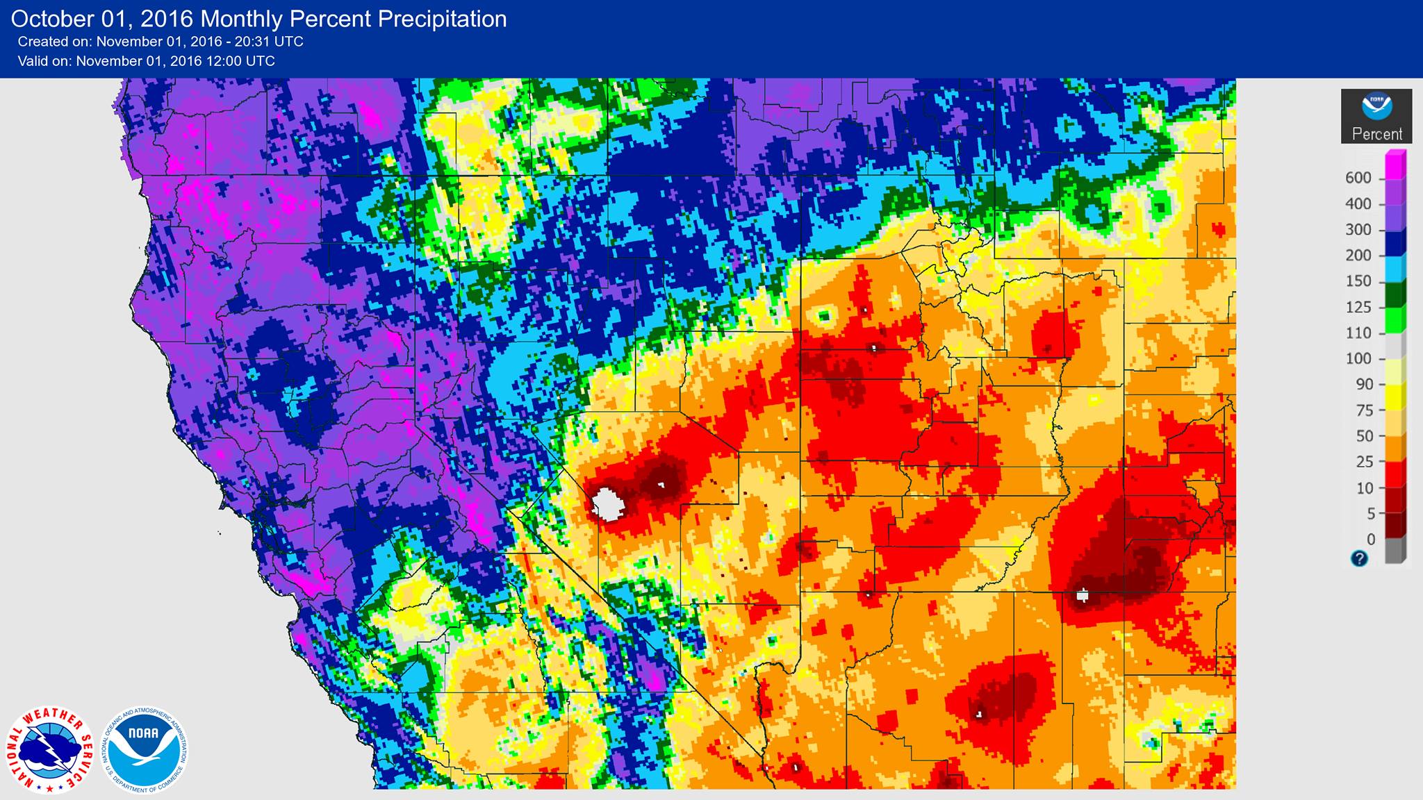 Percentage of average precipitation for the month of October in California. Many places reporting as high as 600% of average... image: noaa, yesterday