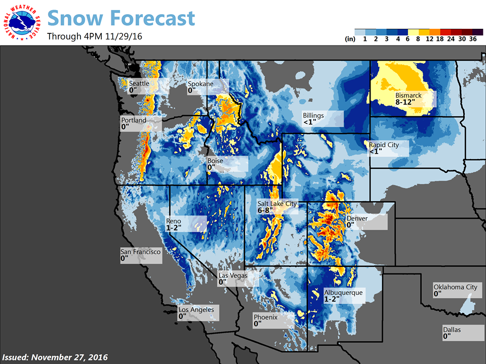 Huge snowfall totals through Tuesday at 4pm.  image:  noaa, todays