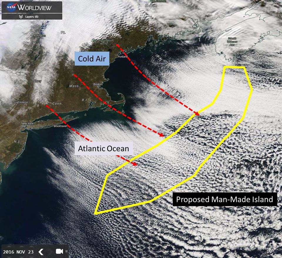 "Sea-Effect" snow that would be pummeling our man-made island off the coast of the East Coast yesterday. image: nasa