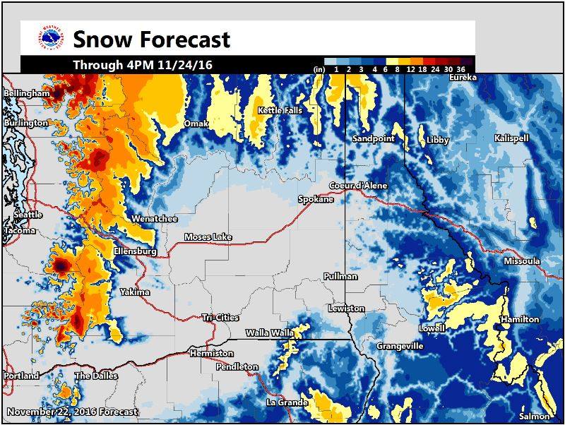 Snowfall forecast map for WA showing some large snowfall totals in the Cascades. image: noaa, yesterday