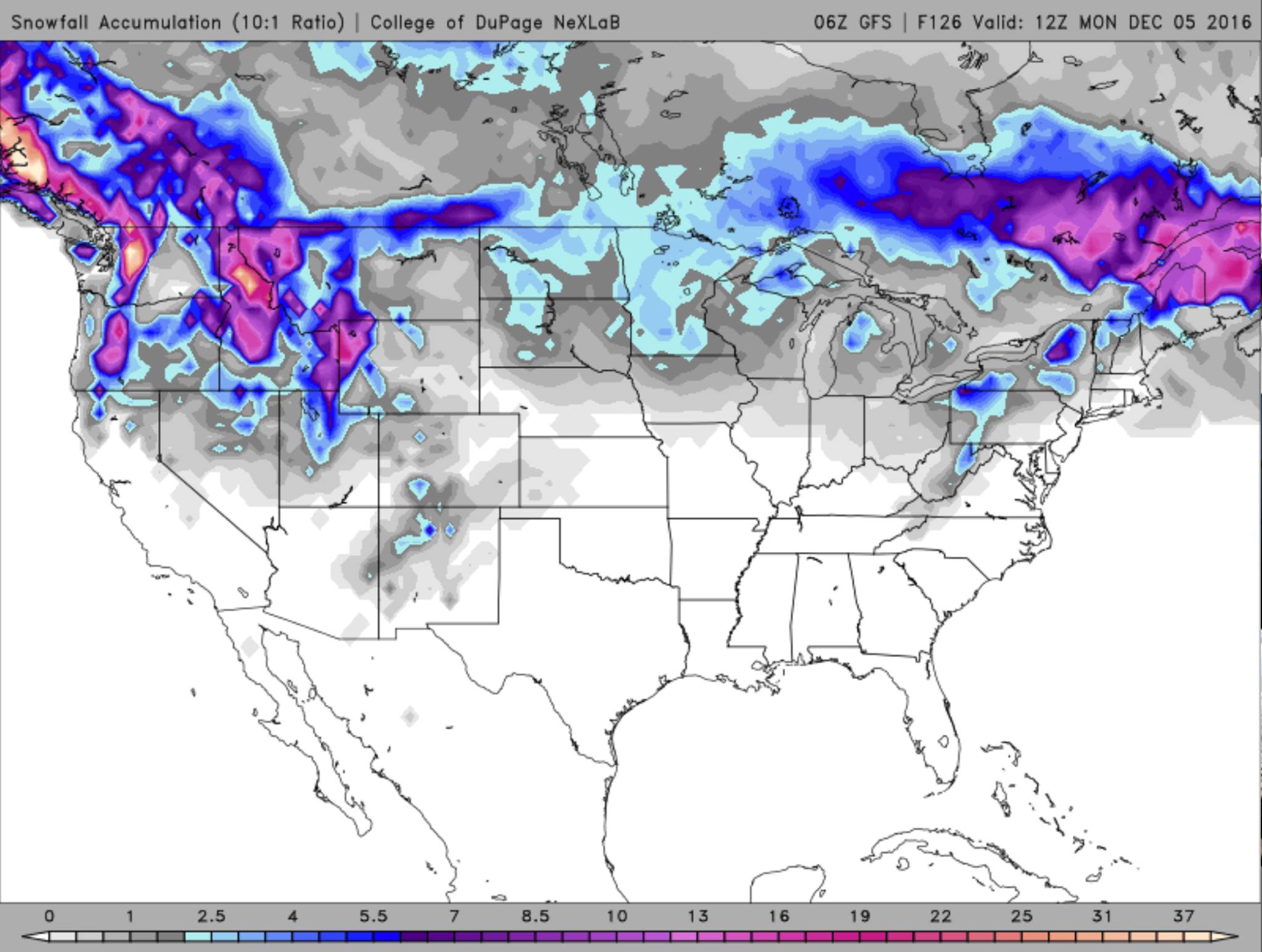 GFS forecast model showing lots of snow for OR between now and Dec. 4th, 2016.  