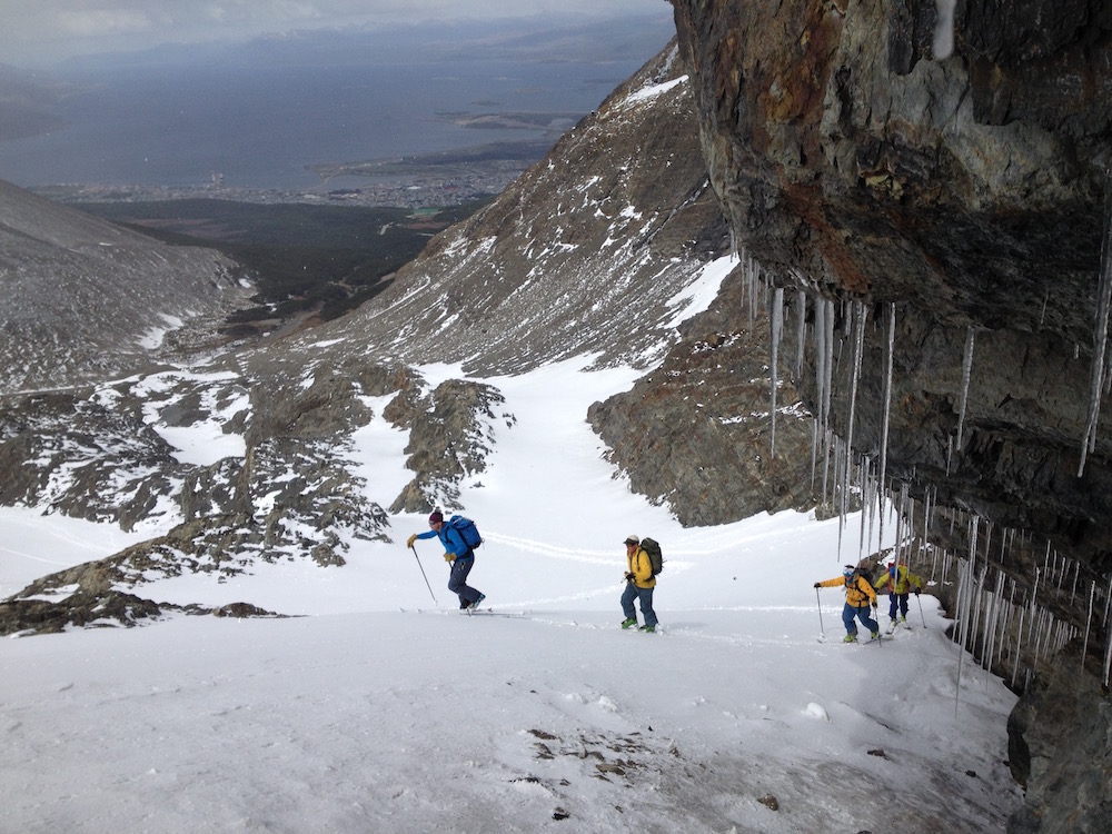 Chris Davenport leading the boys up the Marcial Glacier, Ushuaia, Argentina yesterday. photo: snowbrains