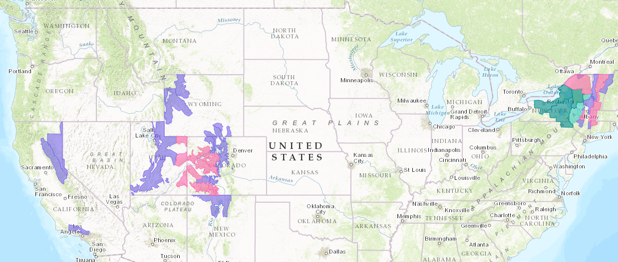 Snow forecast all over the USA this week. PINK = Winter Storm Warning. PURPLE = Winter Weather Advisory. GREEN = Lake Effect Snow Warning. image: noaa, today