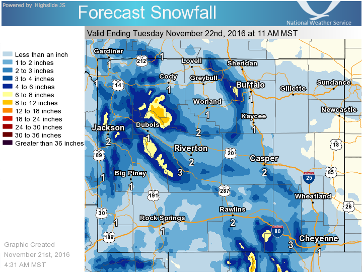 Snowfall forecast map for Wyoming.  image:  noaa, today
