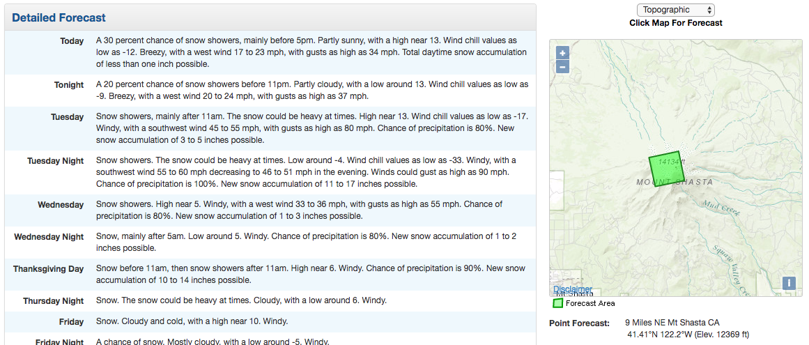 Up to 41" of snow forecast on Mt. Shasta, CA by Thanksgiving Day. image: noaa, today