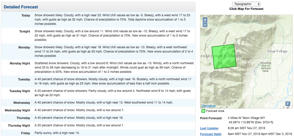 6-12 of snow forecast for the top of Jackson Hole, WY today and tomorrow. image: noaa, today
