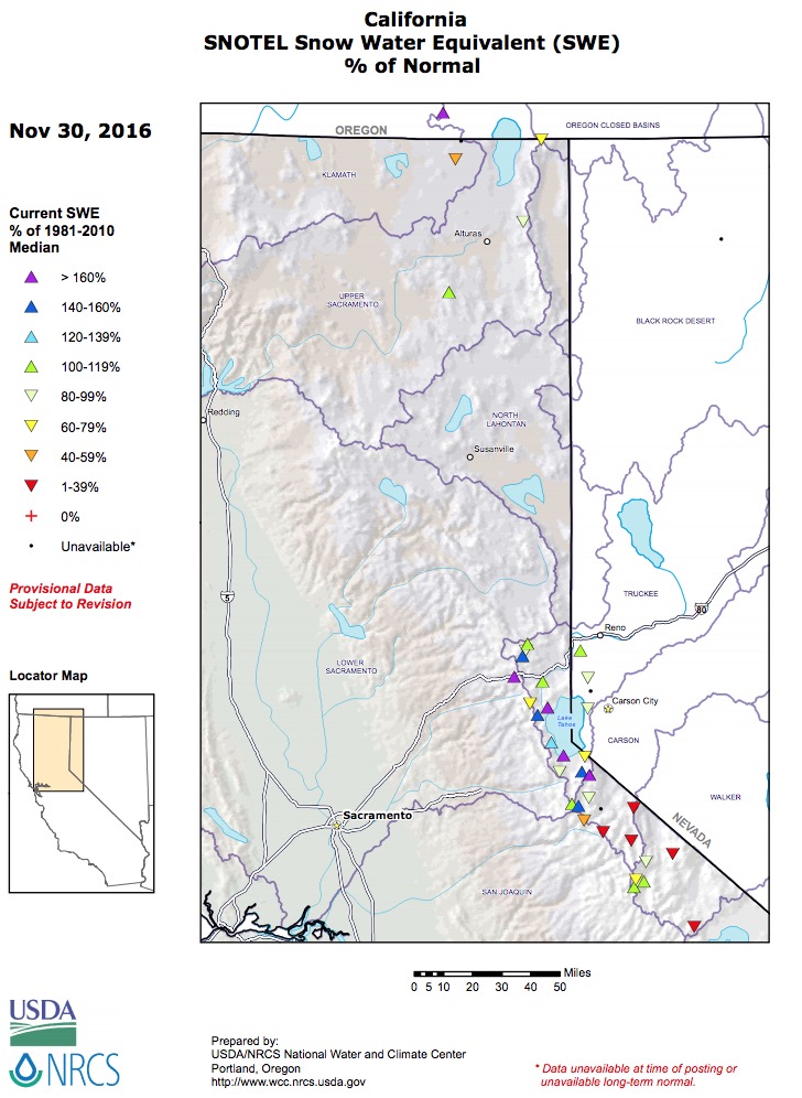 California Snowpack percentages of average today. image: nrcs, today