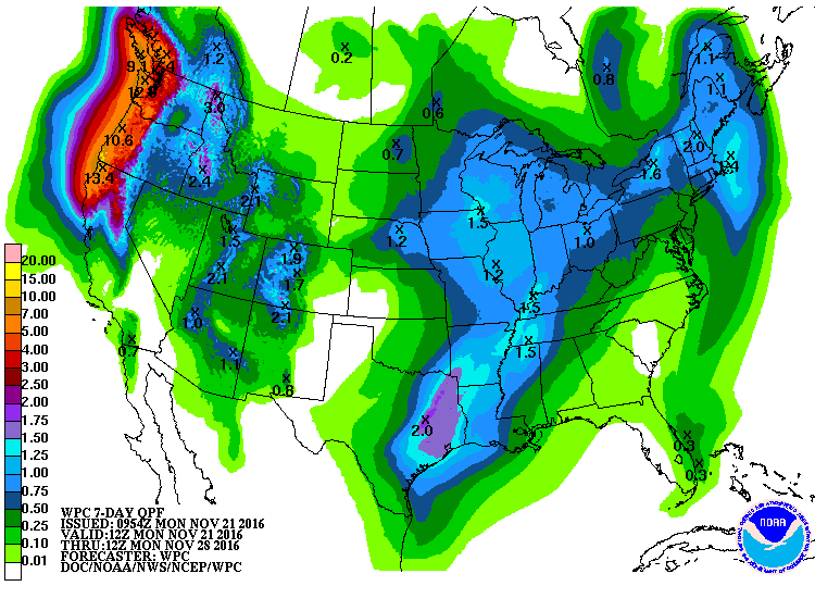 Big precip forecast for CA next 7 days. Up to 13" of precip for NorCal. image: noaa, today