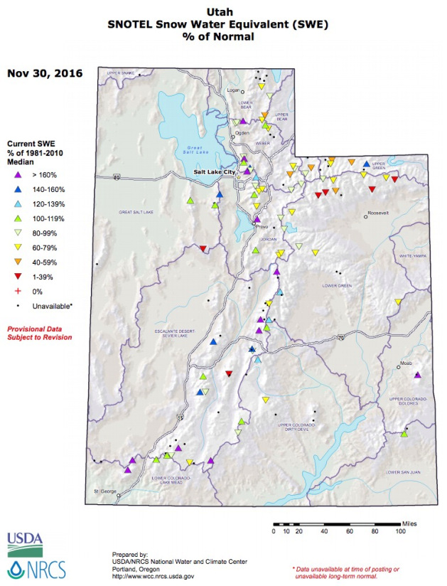 Utah Snowpack percentages of average today. image: nrcs, today