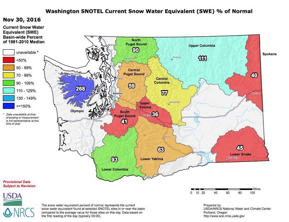 Washington Snowpack percentages of average today. image: nrcs, today