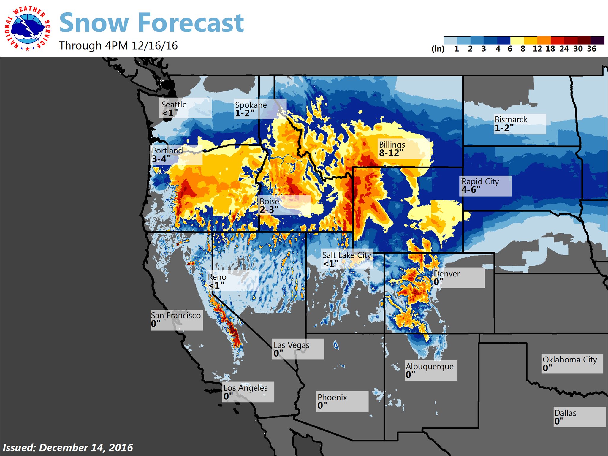 Big snow forecast in the western USA today and tomorrow. image: noaa, today