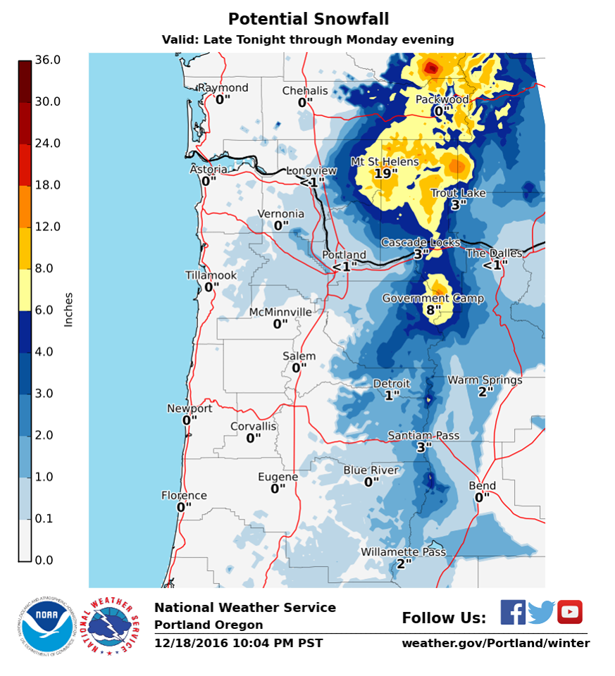 Up to 19" of snow forecast on Mt. St. Helens, WA. image: noaa, today