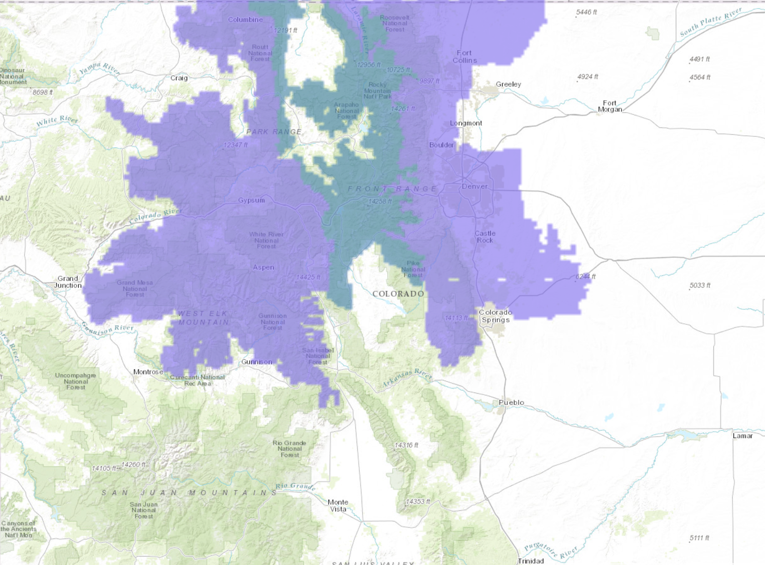 PURPLE = Winter Weather Advisory. Turquois= Winter Storm Watch