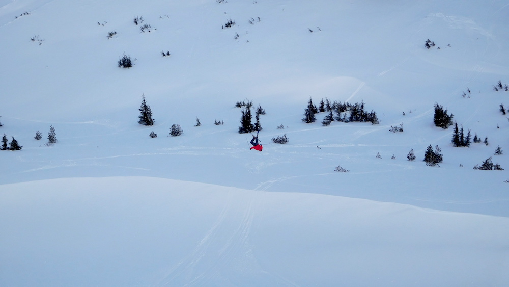 Sean Carey getting upsidedown on the Kangaroo Kicker today. photo: snowbrains.com