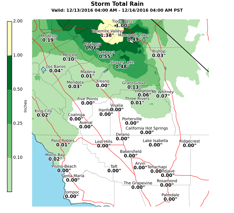 Precipitation totals from this storm. Image: NOAA Hanford, CA Today