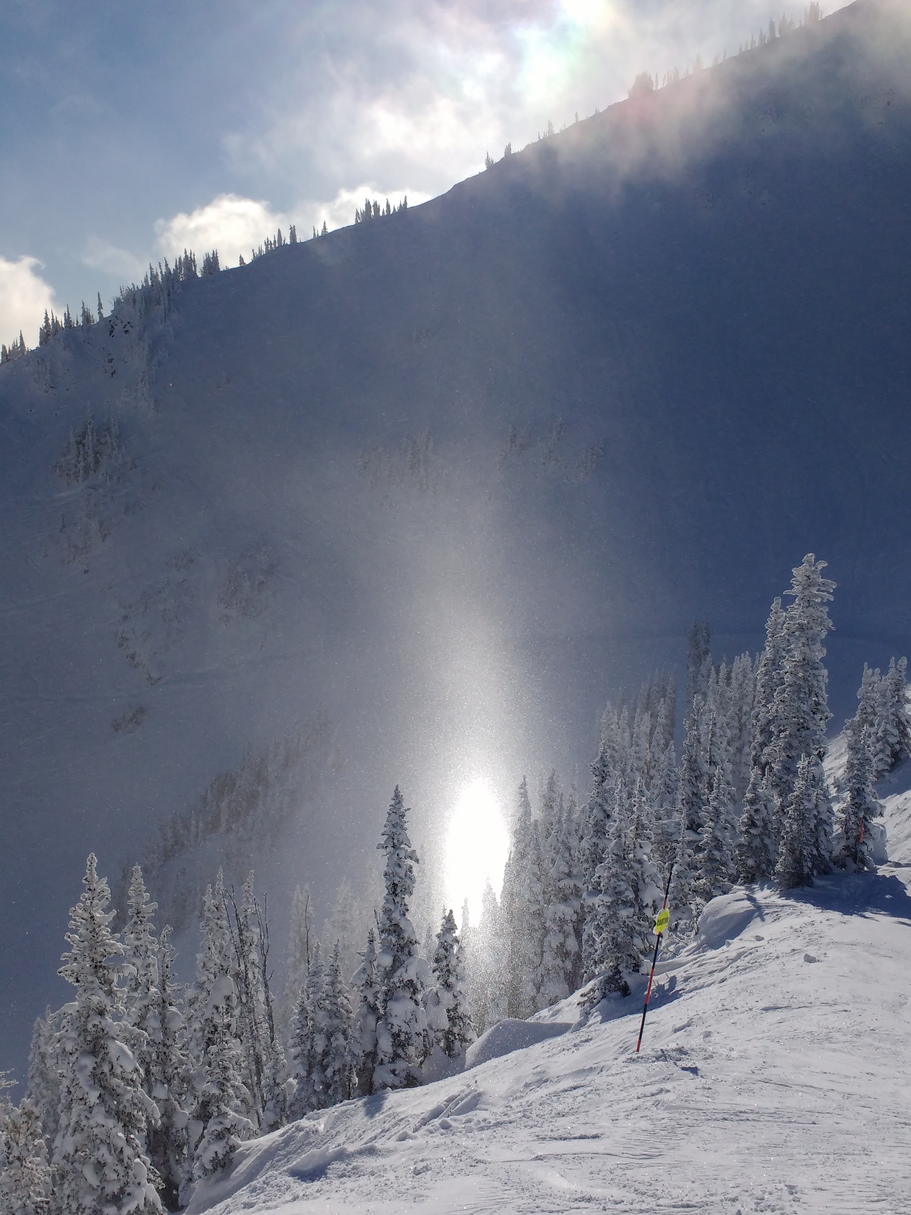 A beautiful anomaly of ice crystals and sunshine. Sun Pillar @ Crystal Mountain 