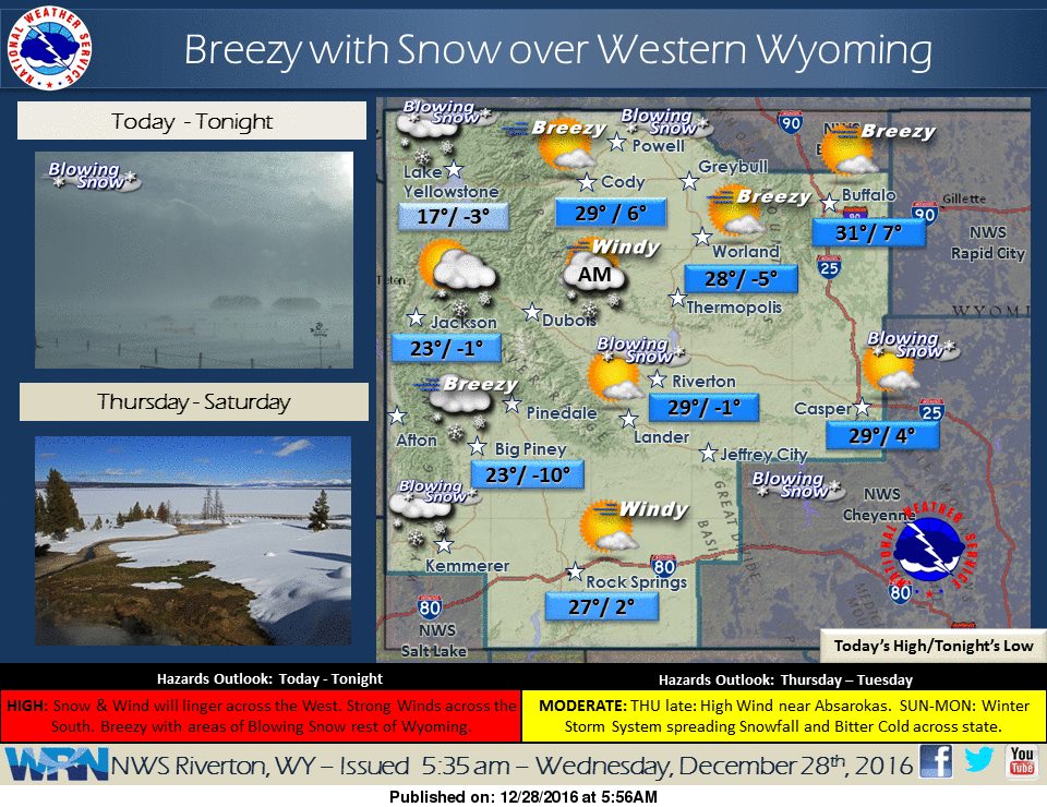 Blowing snow and high winds are expected today in Wyoming. Image: NOAA Riverton, WY Today