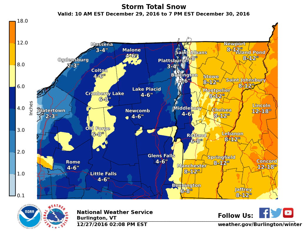 Big snowfall totals for the EAST. Image: NOAA Burlington, VT