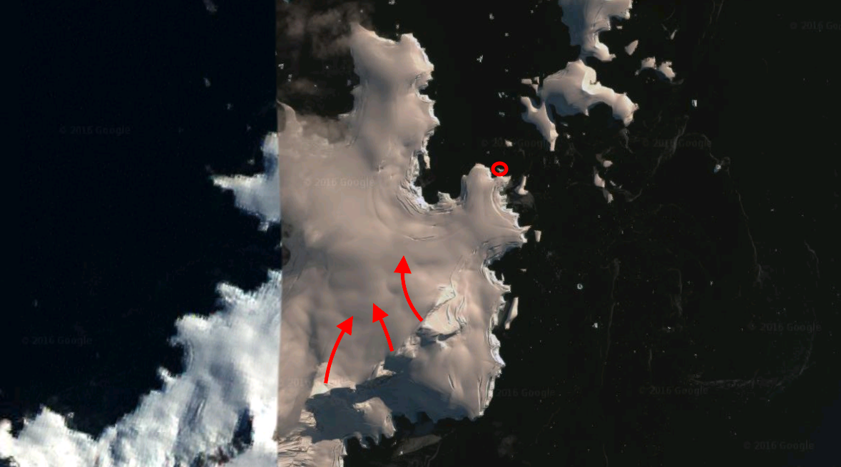 Nansen Island. Red Circle = landing/pick up. Red Arrow = lines skied.