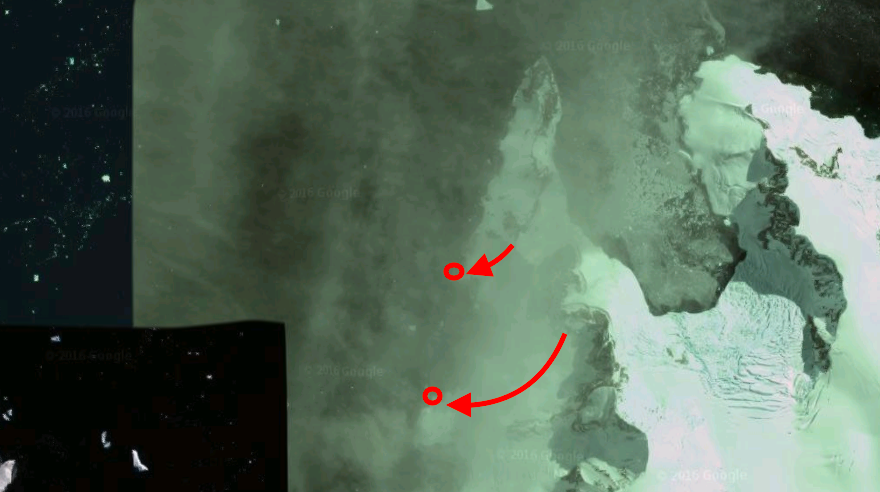 Artowski Peninsula of the Antarctic Peninsula. Red Circle = landing/pick up. Red Arrow = lines skied.
