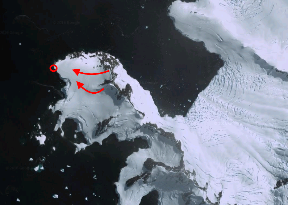 Charlotte Bay, Antarctic Peninsula. Red Circle = landing/pick up. Red Arrow = lines skied.