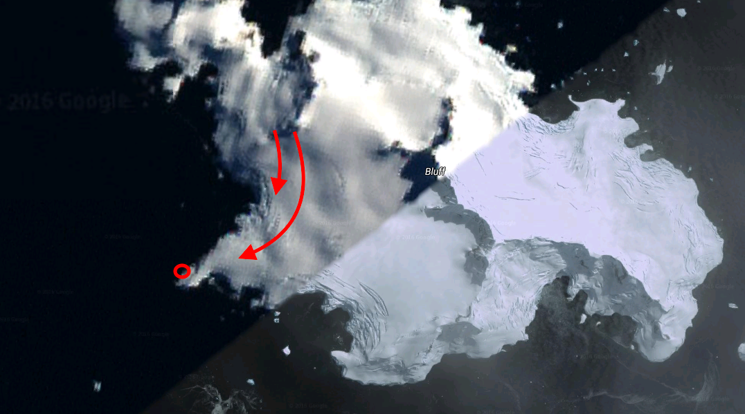 Bluff Island. Red Circle = landing/pick up. Red Arrow = lines skied.