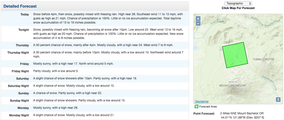 17-28" of snow forecast for Mt. Bachelor, OR.  image:  noaa, today