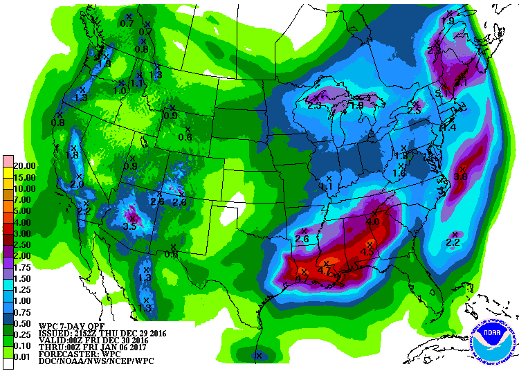 Expected 7 day snowfall totals. Image: NOAA