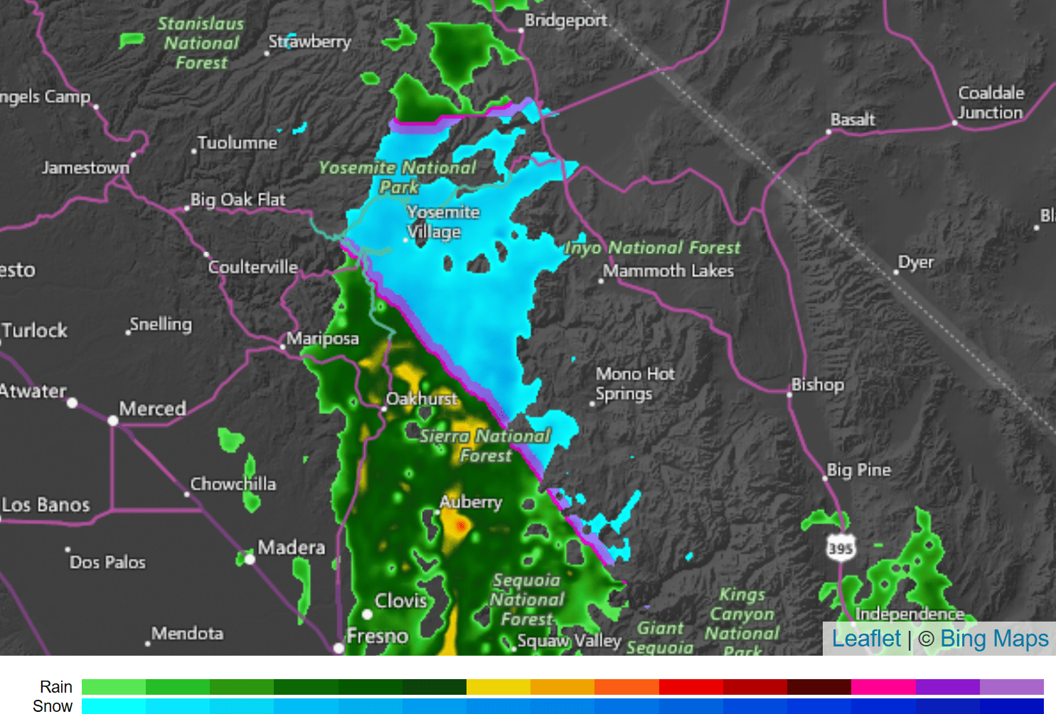 Yosemite National Park radar at 4:25am this morning. Image: AccuWeather