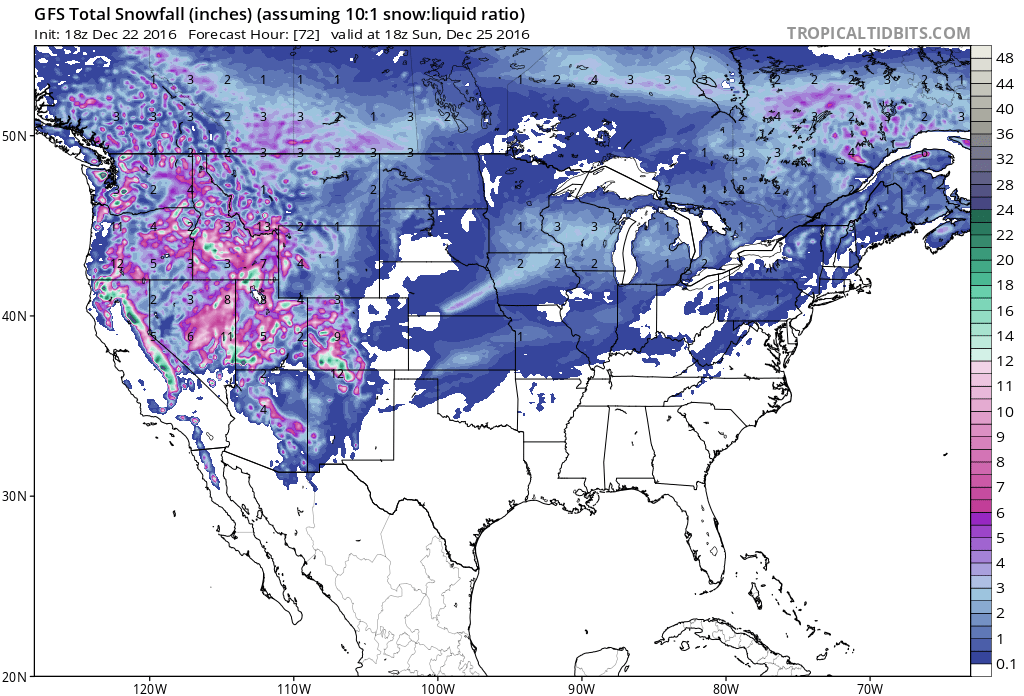 72 hour snowfall forecast by GFS model. image: tropicaltidbits.com
