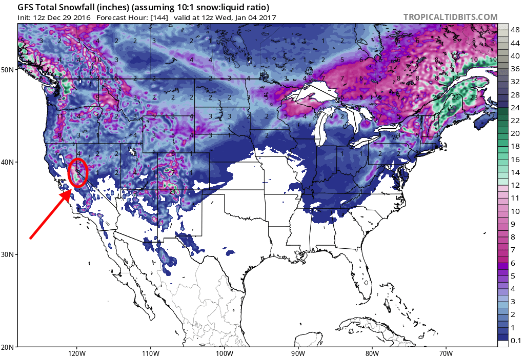 GFS snowfall forecast model showing about 20" of snow in Tahoe next 6 days (144hrs). Arrow and circle showing Tahoe. image: tropicaltidbits.com, today