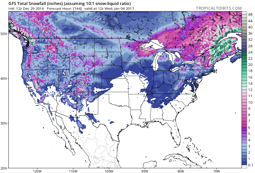 GFS snowfall forecast model showing about 20" of snow in Tahoe next 6 days (144hrs). image: tropicaltidbits.com, today
