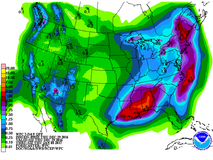 NOAA's 7 day liquid precipitation forecast is showing 1.7" of precipitation for Lake Tahoe region which would translate to about 17" of snowfall.