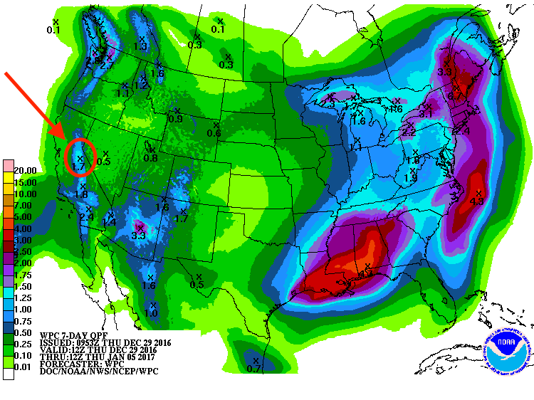 NOAA's 7 day liquid precipitation forecast is showing 1.7" of precipitation for Lake Tahoe region which would translate to about 17" of snowfall.