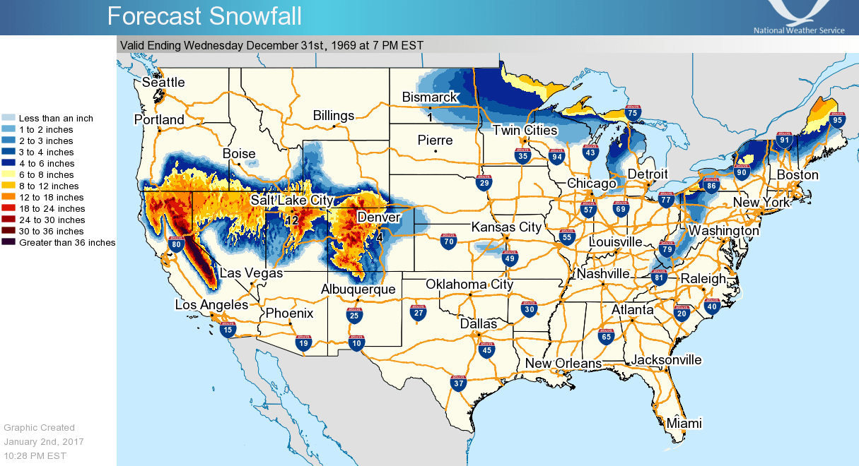 Big snow forecast in CA next 7 days. image: noaa, yesterday