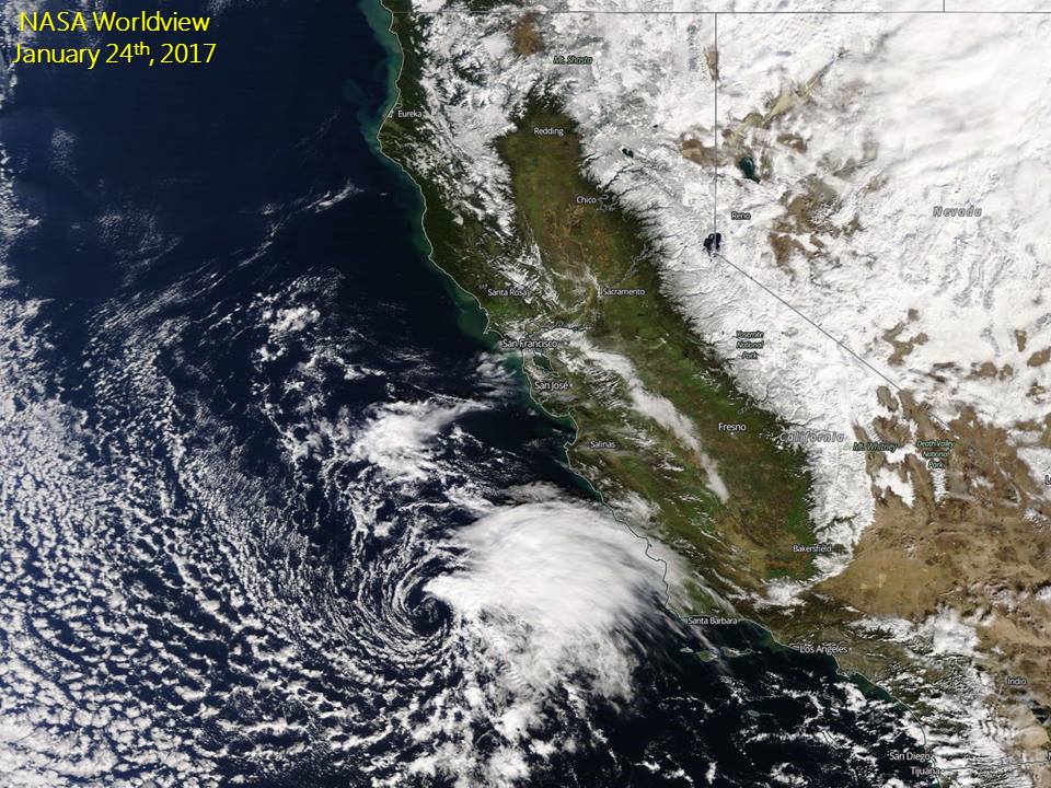 Look how much snow the Sierra Nevada has right now! image: nasa, monday