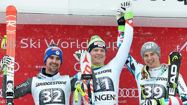 Switzerlandโs Niels Hintermann, Franceโs Maxence Muzaton (left) and Austriaโs Frederic Berthold enjoy their first career podium performances in World Cup alpine combined action in wengen Switzerland on Friday. pc; Agence Zoom