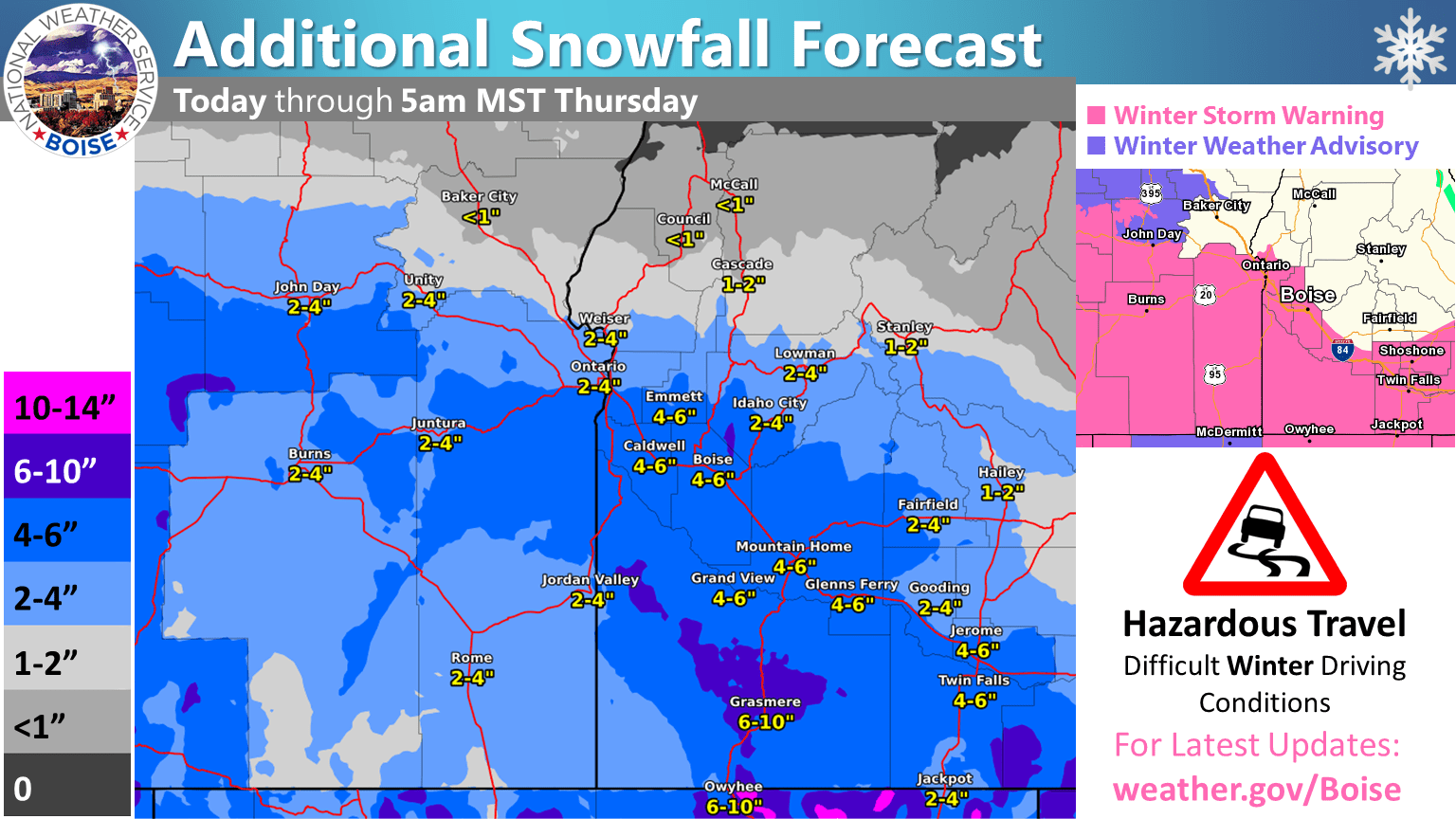 Additional Snowfall Expected Today. Image: NOAA Boise, ID Today