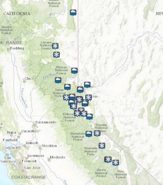 Reports of where snow and rain are falling. Image: NOAA Reno, NV Today