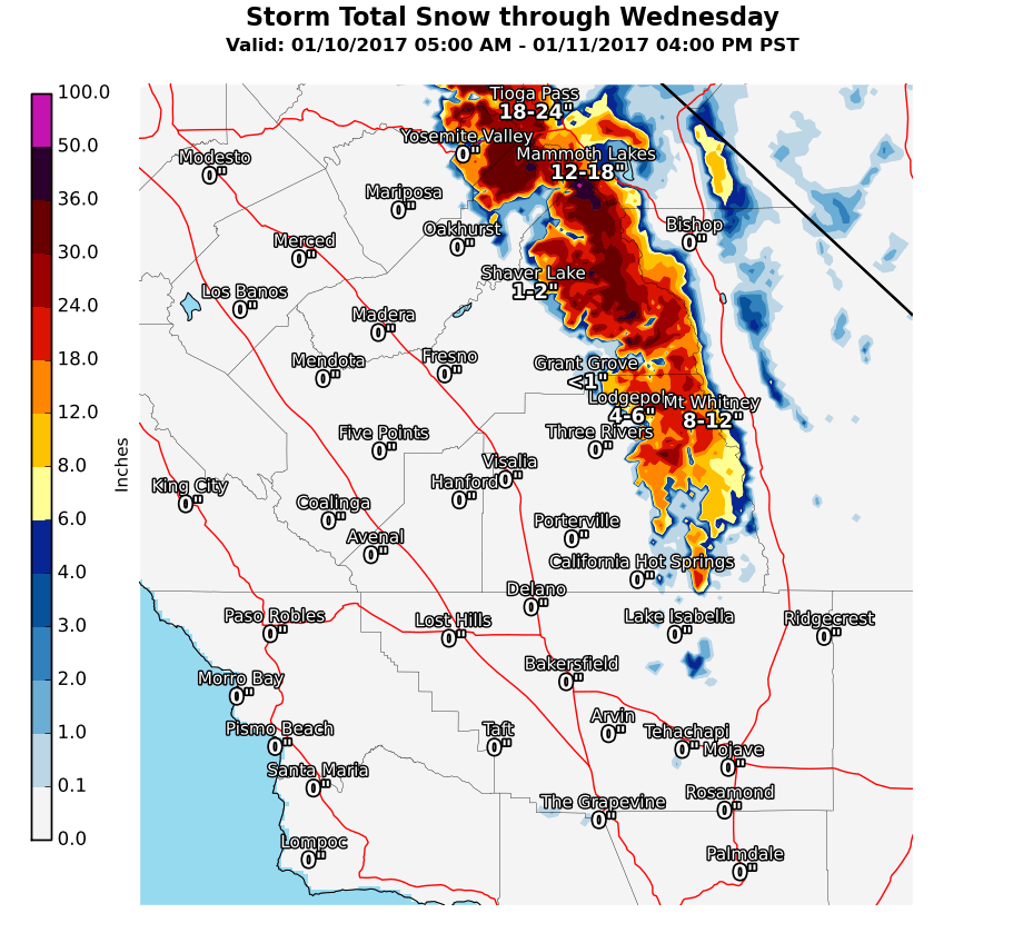 Additional Snowfall Totals. Image: NOAA Hanford, CA Today