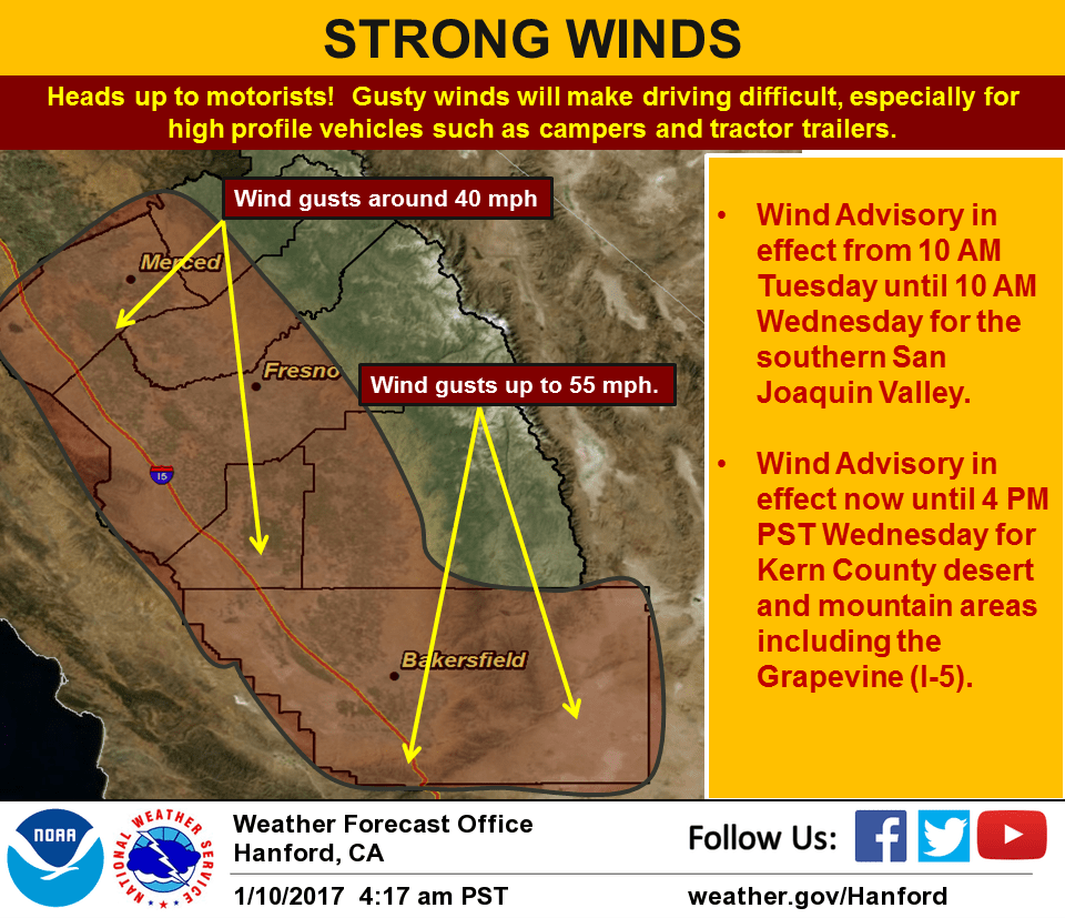 Strong winds will make for Blizzard conditions. Image: Hanford, CA Today