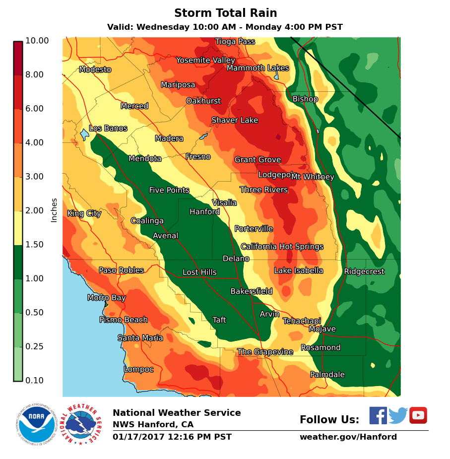Total precipitation from the storms. Image: NOAA Hanford, CA Yesterday