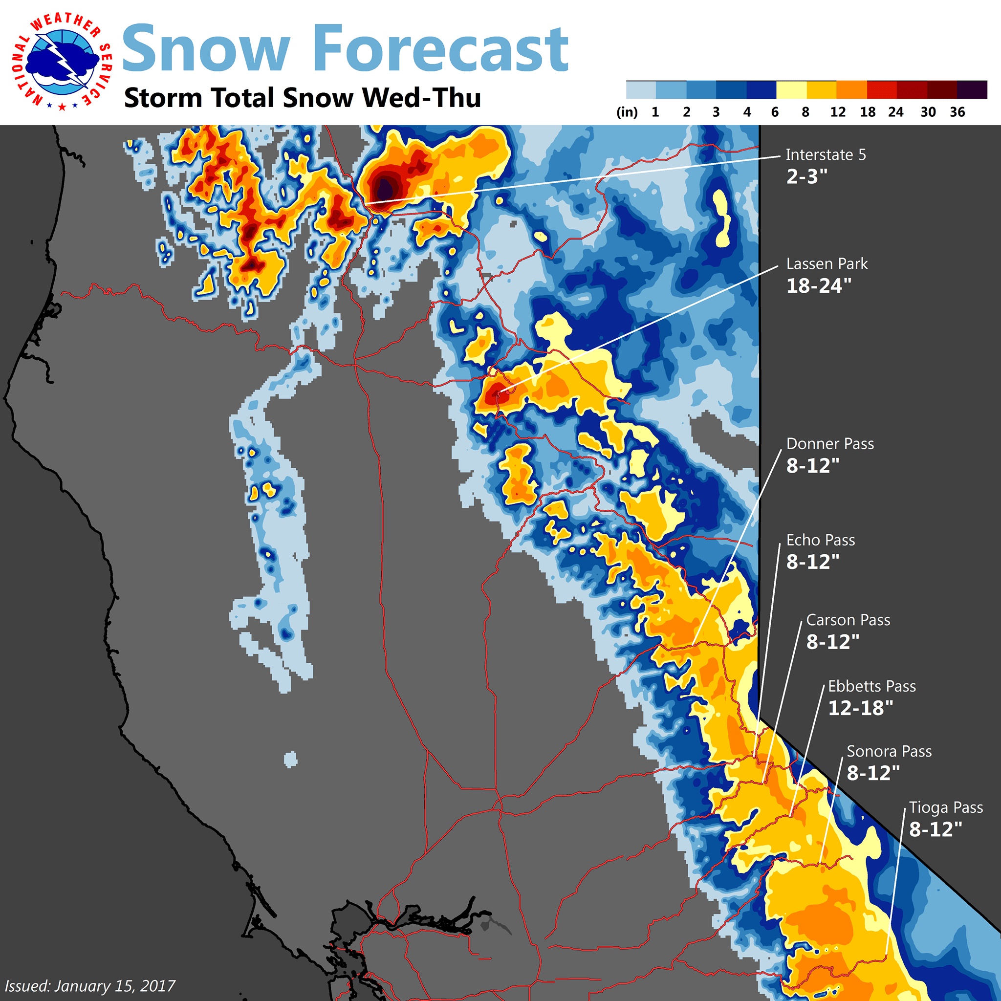 Snowfall totals through Thursday. Image: NOAA Sacramento, CA Yesterday