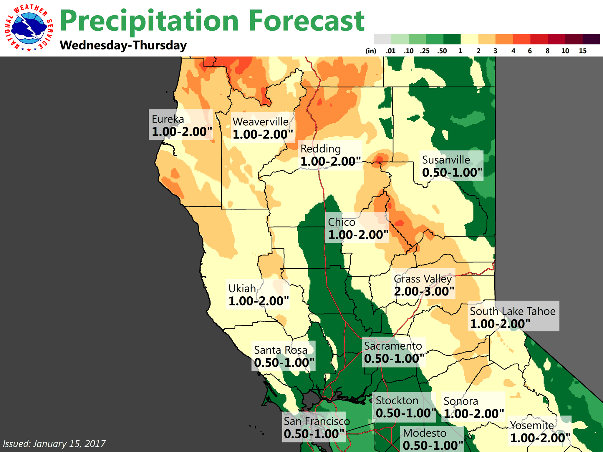 First storm precipitation forecast. Image: NOAA Sacramento, CA Yesterday