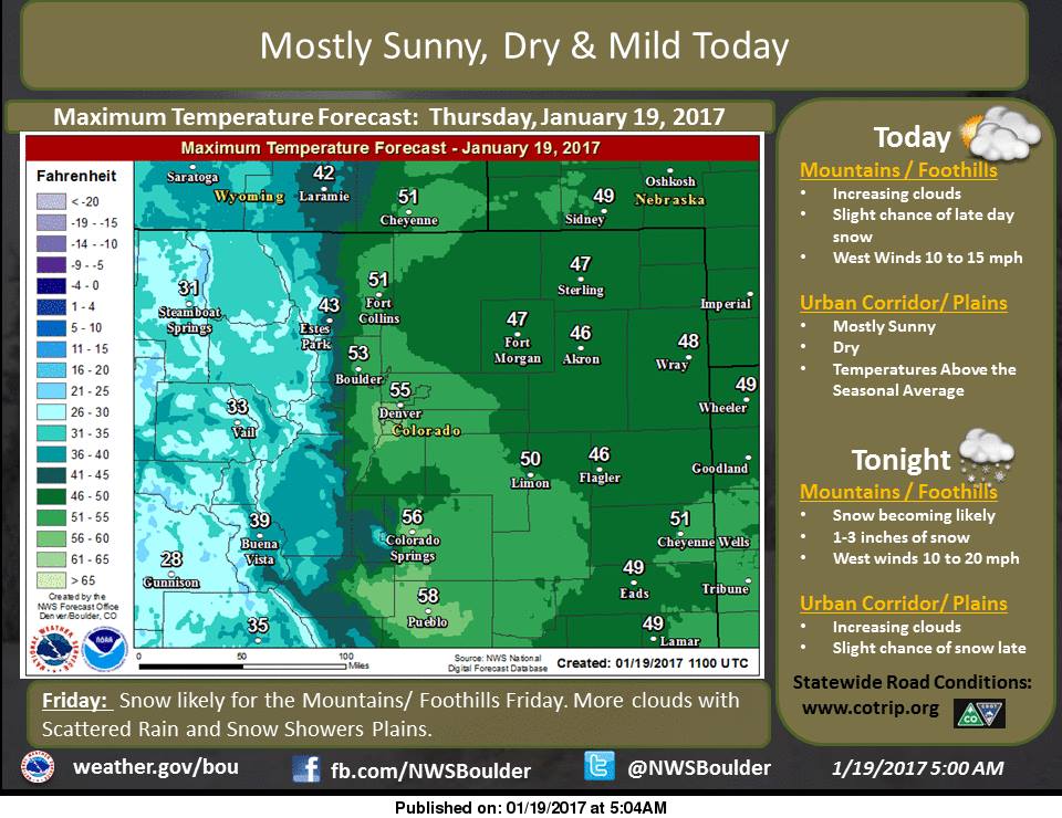 Warm today, with snow moving in overnight. Image: NOAA Boulder, CO Today
