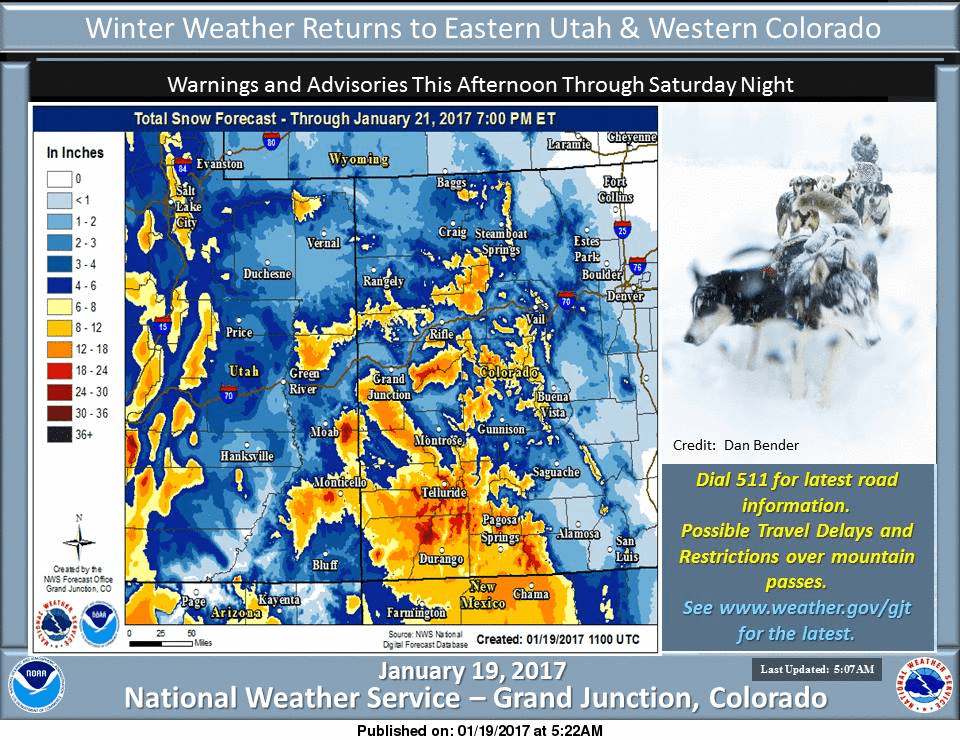 Expect delays when traveling this weekend. Image: NOAA Grand Junction, CO Today