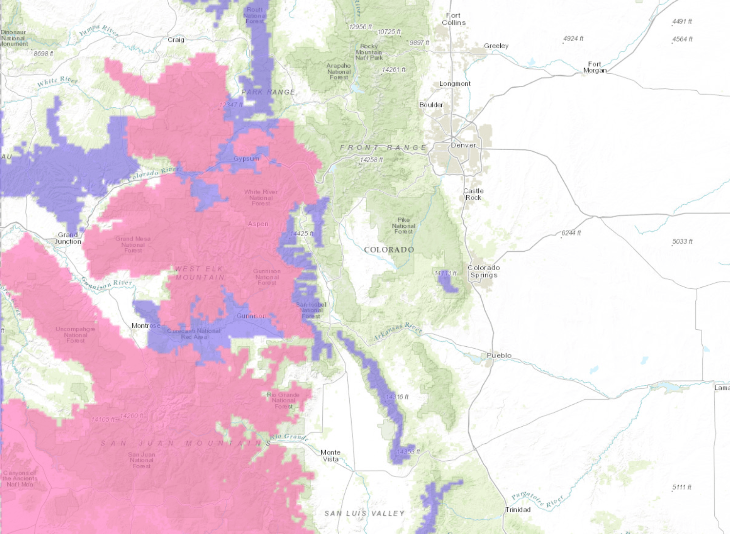 PINK= Winter Storm Warning. PURPLE= Winter Weather Advisory. Image: NOAA Today