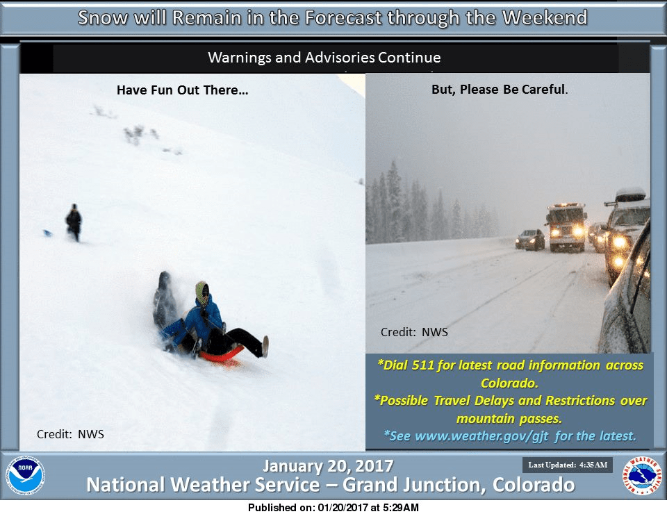 Winter weather sticks around all weekend, take precautionary measures. Image: NOAA Grand Junction, CO Today